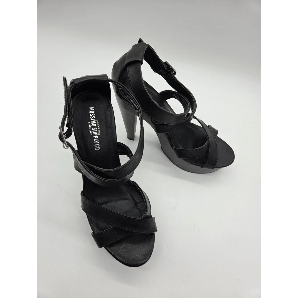 Mossimo Supply‎ Co Black Strappy Platform Sandals Chunky Wood Heel Ankle Strap 7